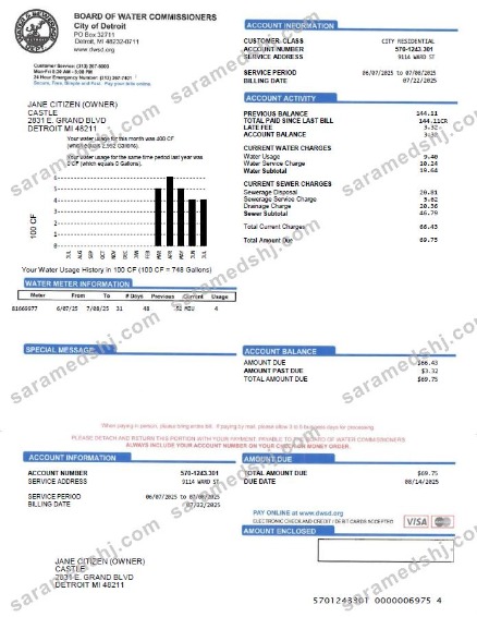 USA Board of Water Commissioners utility bill template in Word and PDF formats